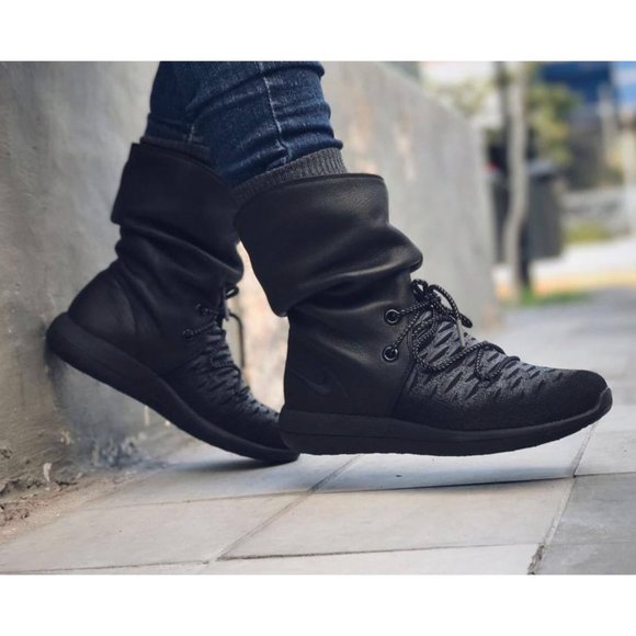 Nike Womens Roshe 2 Hi Flyknit Slouch Leather Boots Size 7 All Black Gray 861708 - Picture 13 of 13